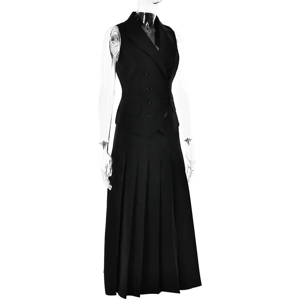Two Piece Set Blazer Breasted Vest & High Waist Slit Skirt
