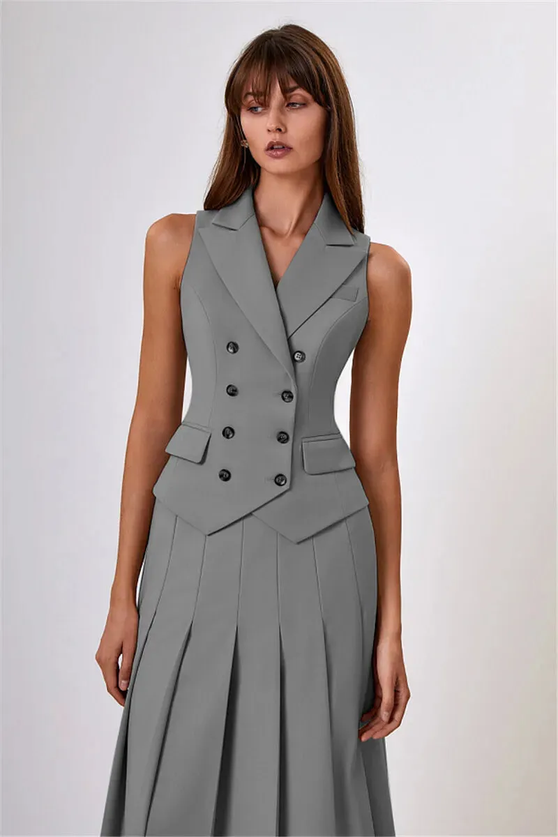 Two Piece Set Blazer Breasted Vest & High Waist Slit Skirt
