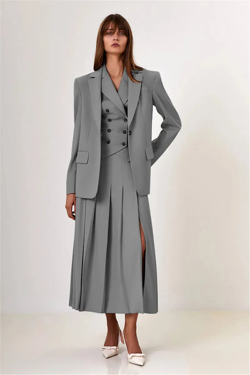 Two Piece Set Blazer Breasted Vest & High Waist Slit Skirt