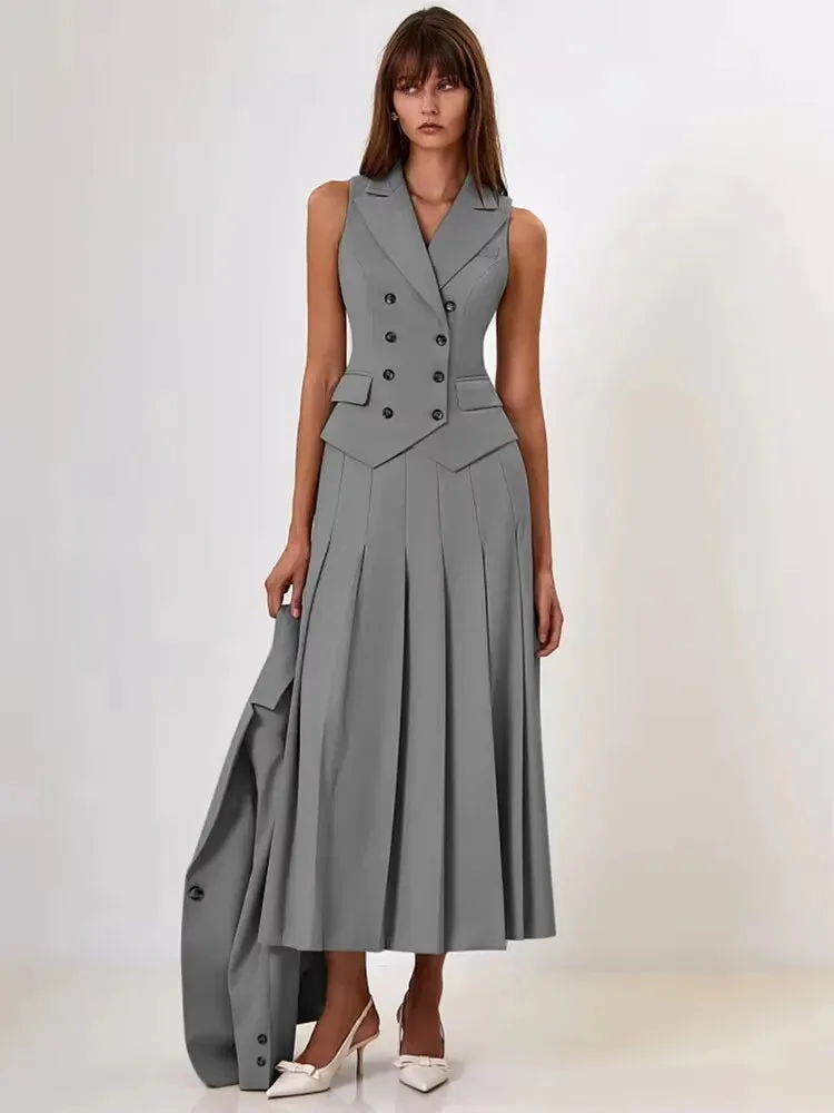 Two Piece Set Blazer Breasted Vest & High Waist Slit Skirt