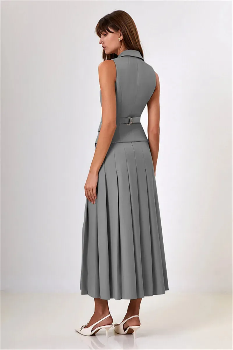 Two Piece Set Blazer Breasted Vest & High Waist Slit Skirt