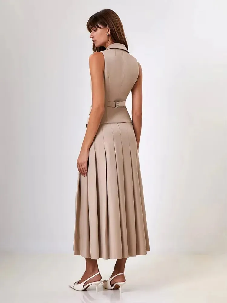 Two Piece Set Blazer Breasted Vest & High Waist Slit Skirt