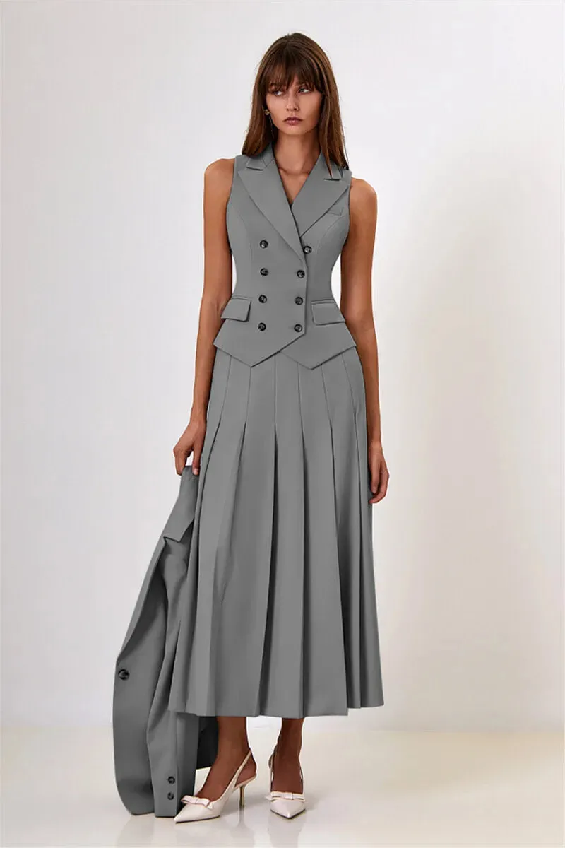 Two Piece Set Blazer Breasted Vest & High Waist Slit Skirt