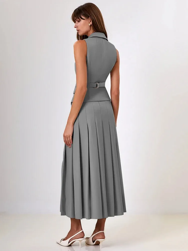 Two Piece Set Blazer Breasted Vest & High Waist Slit Skirt