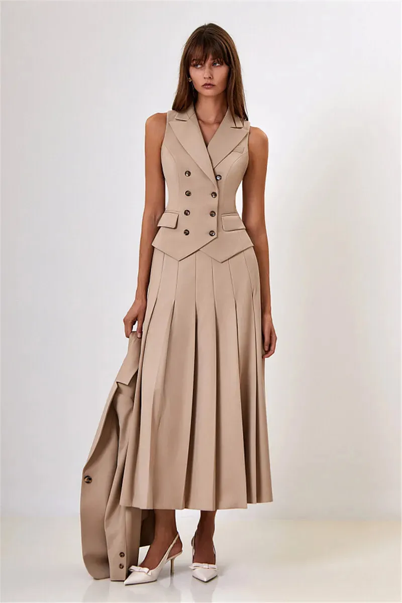 Two Piece Set Blazer Breasted Vest & High Waist Slit Skirt