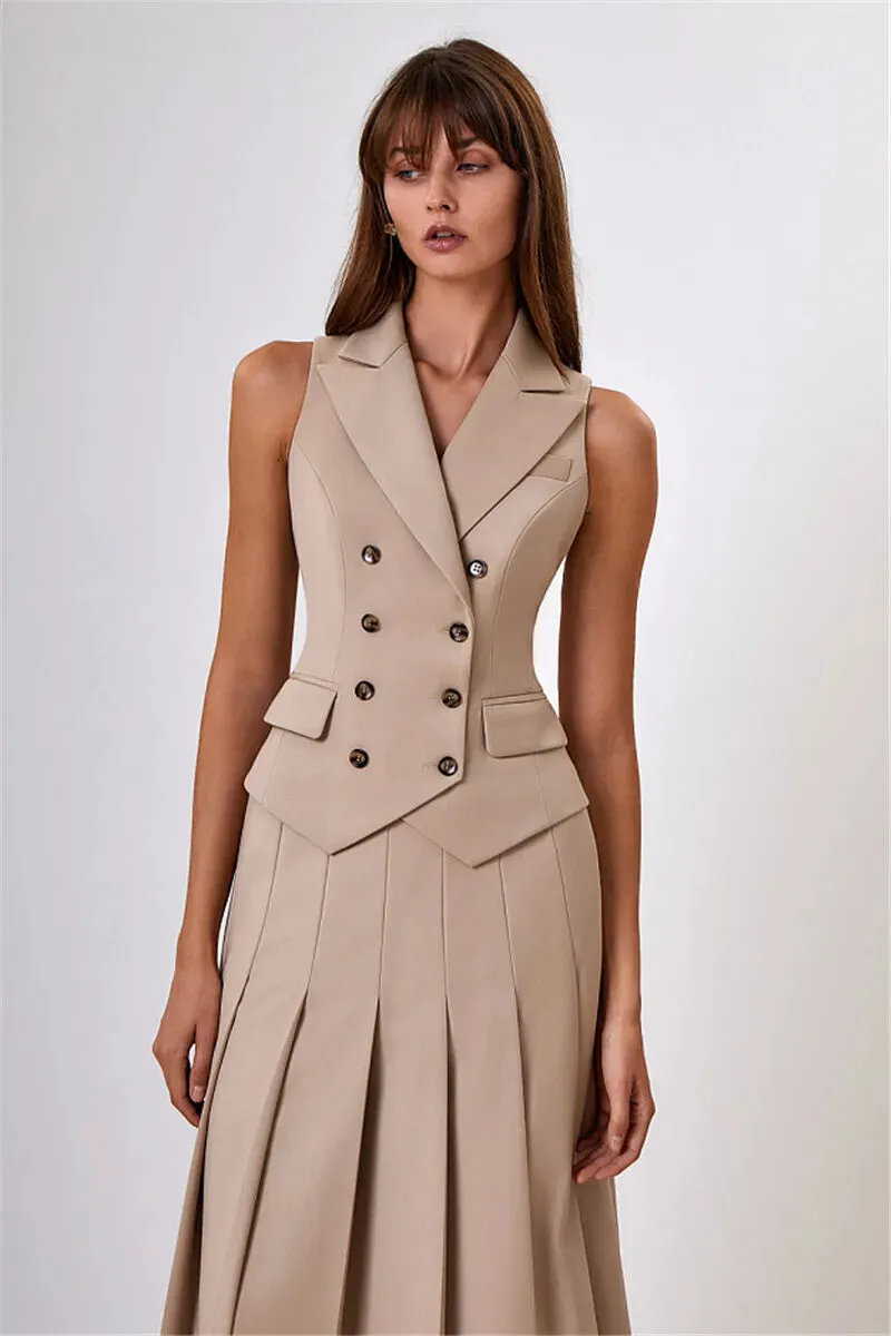 Two Piece Set Blazer Breasted Vest & High Waist Slit Skirt