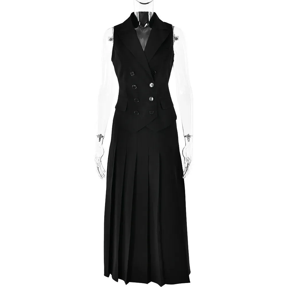Two Piece Set Blazer Breasted Vest & High Waist Slit Skirt