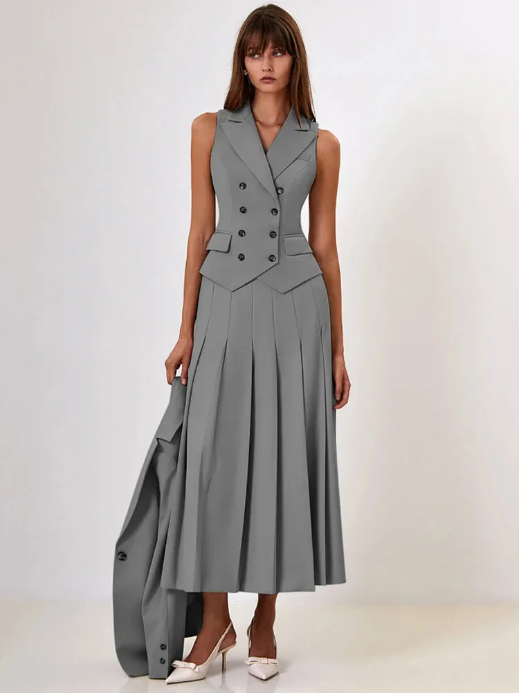Two Piece Set Blazer Breasted Vest & High Waist Slit Skirt
