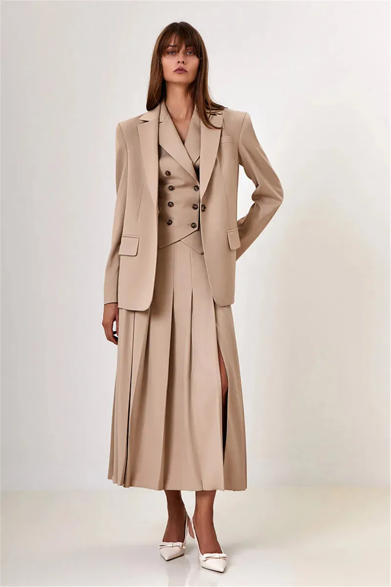Two Piece Set Blazer Breasted Vest & High Waist Slit Skirt