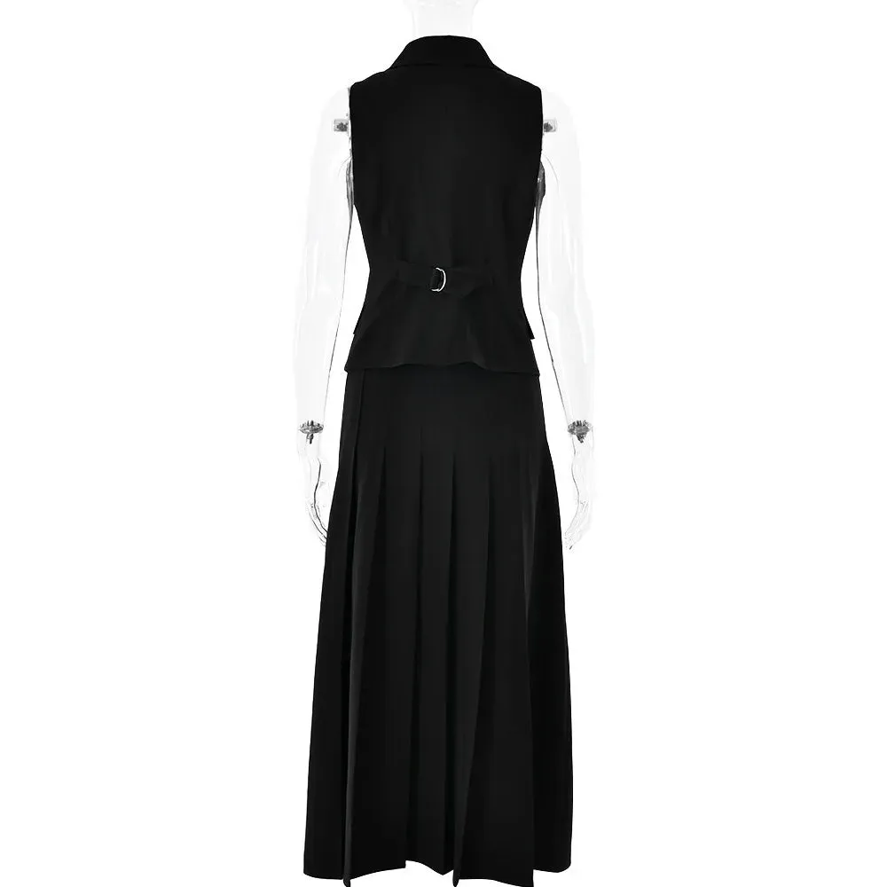 Two Piece Set Blazer Breasted Vest & High Waist Slit Skirt