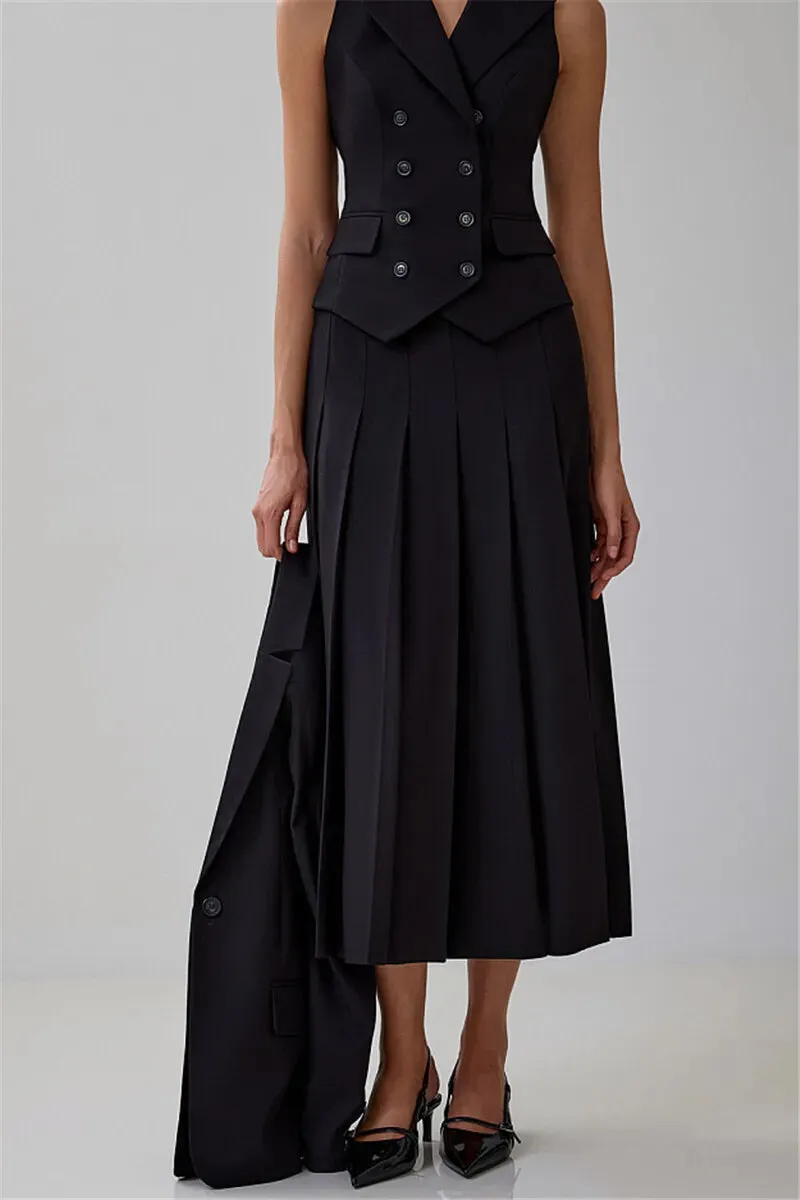 Two Piece Set Blazer Breasted Vest & High Waist Slit Skirt