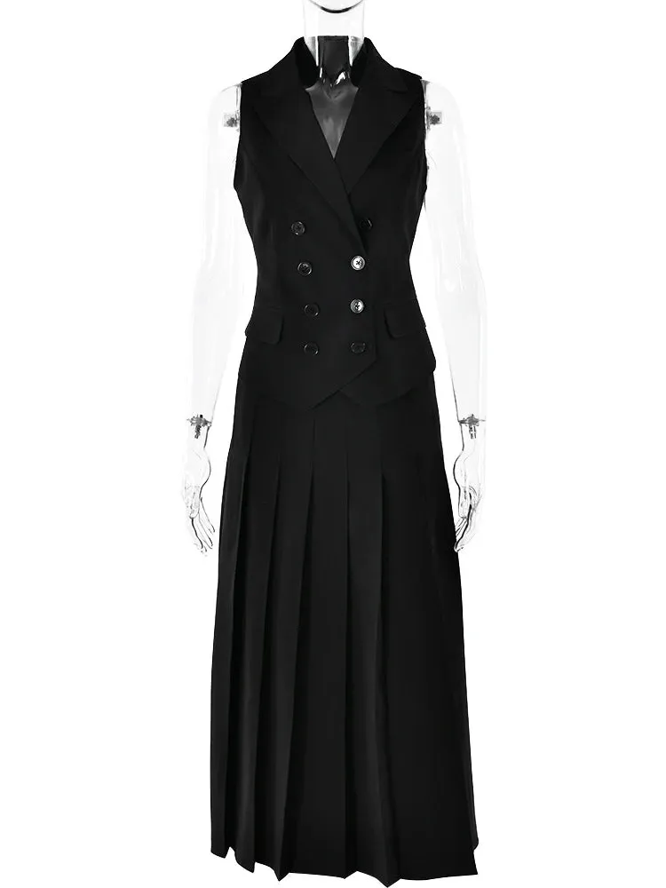 Two Piece Set Blazer Breasted Vest & High Waist Slit Skirt