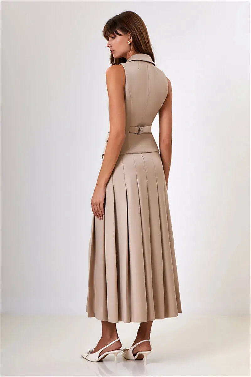 Two Piece Set Blazer Breasted Vest & High Waist Slit Skirt