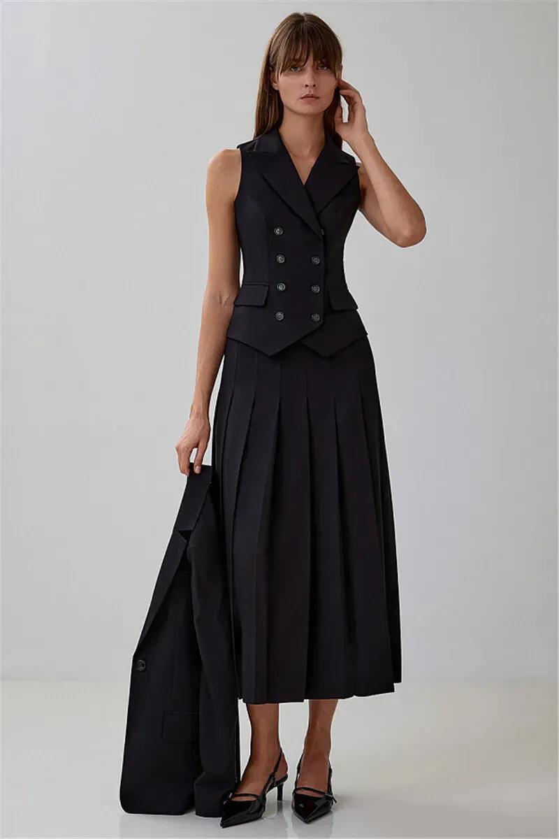 Two Piece Set Blazer Breasted Vest & High Waist Slit Skirt