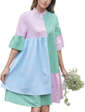 utcoco Womens Y2k Trendy Color Block Striped Shirt Dress Flutter Half Sleeve Loose Casual Button Down Dress