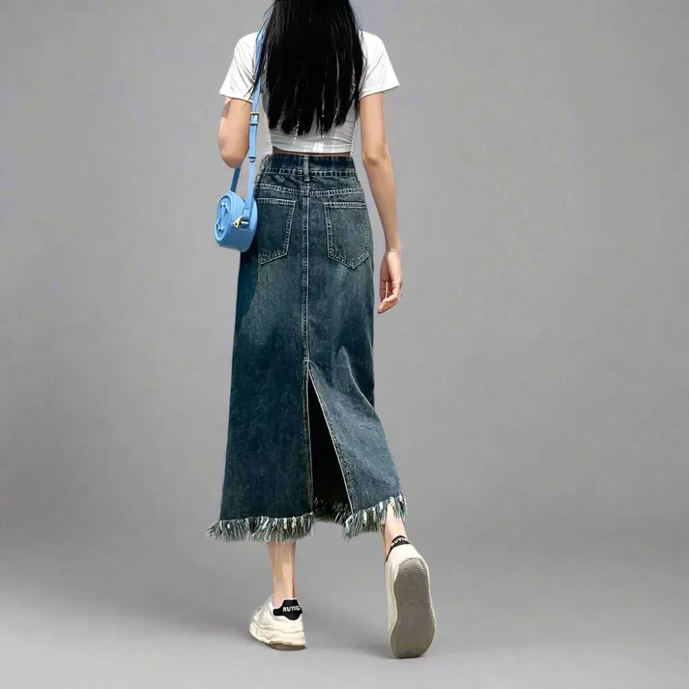 Vintage-Inspired High Waist Denim Long Skirt