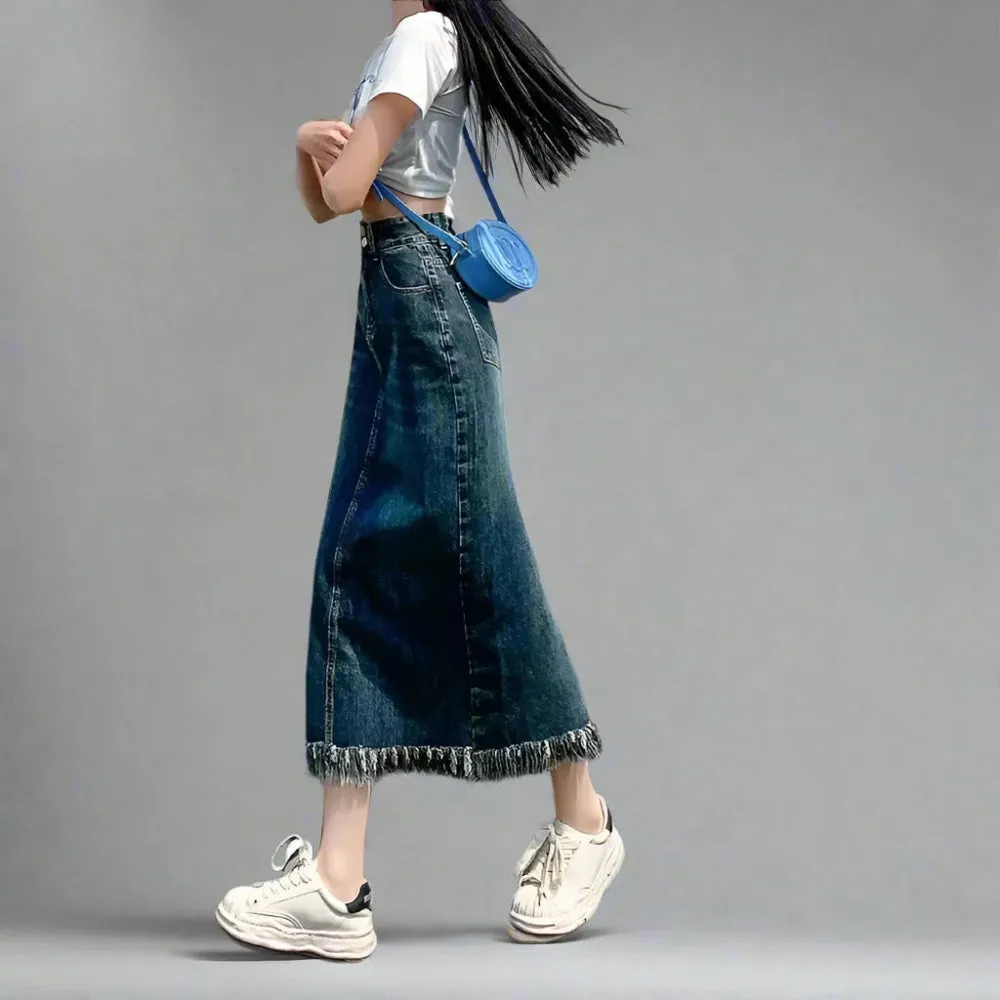 Vintage-Inspired High Waist Denim Long Skirt