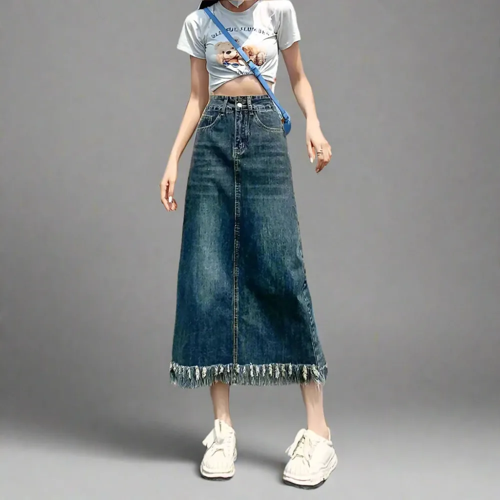 Vintage-Inspired High Waist Denim Long Skirt