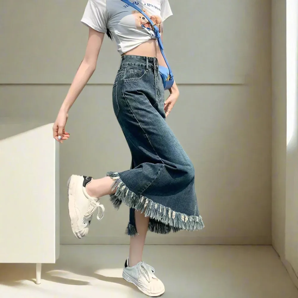 Vintage-Inspired High Waist Denim Long Skirt