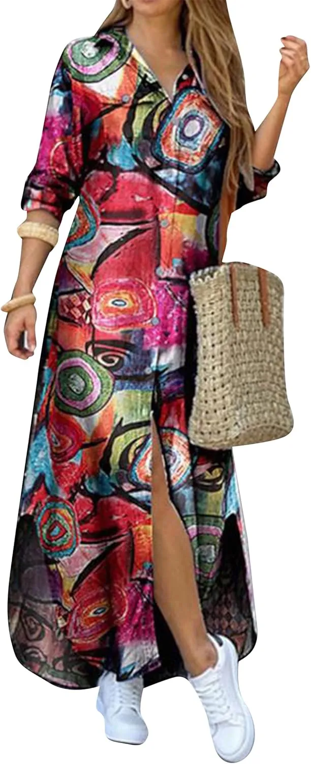 WIWIQS Women's Casual Loose Maxi Shirt Dress Lapel Rolled up Sleeve Button Down Dress Floral Print Open Front Long Dresses