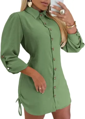 Women Shirt Dress Long Sleeve Button Down Blouses Side Drawstring Mini Dresses
