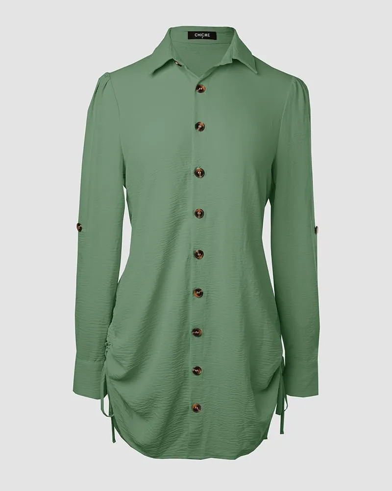 Women Shirt Dress Long Sleeve Button Down Blouses Side Drawstring Mini Dresses