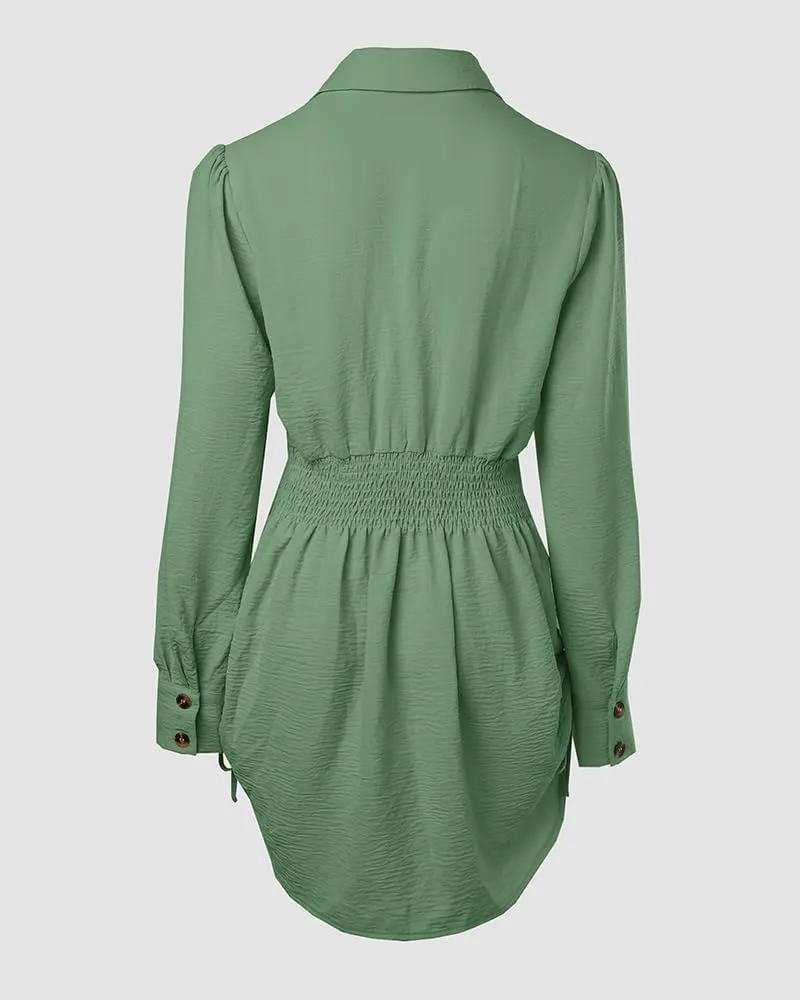 Women Shirt Dress Long Sleeve Button Down Blouses Side Drawstring Mini Dresses