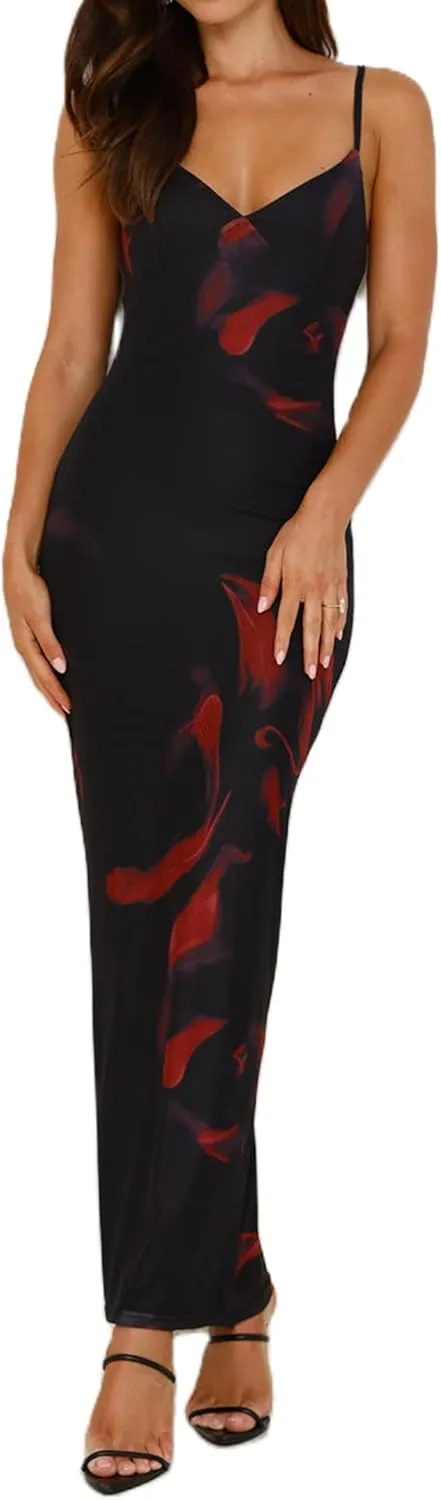 Women Spaghetti Strap Tie Shoulder Floral Maxi Dress Y2k Lace Trim Ruffle Long Dress Summer Boho Flowy Sundress