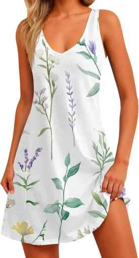 Women Summer Dresses V Neck 2025 Swimsuit Coverup Beach Printed Dress with Pocket Casual Vacation Sundress