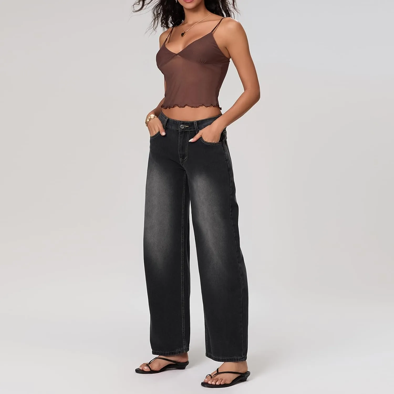Women Y2k Low Rise Baggy Jeans Loose Fit Boyfriend Straight Wide Leg Jeans Trendy Stretch Long Denim Pants