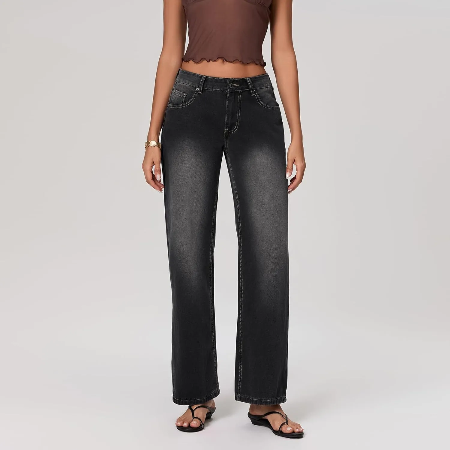 Women Y2k Low Rise Baggy Jeans Loose Fit Boyfriend Straight Wide Leg Jeans Trendy Stretch Long Denim Pants