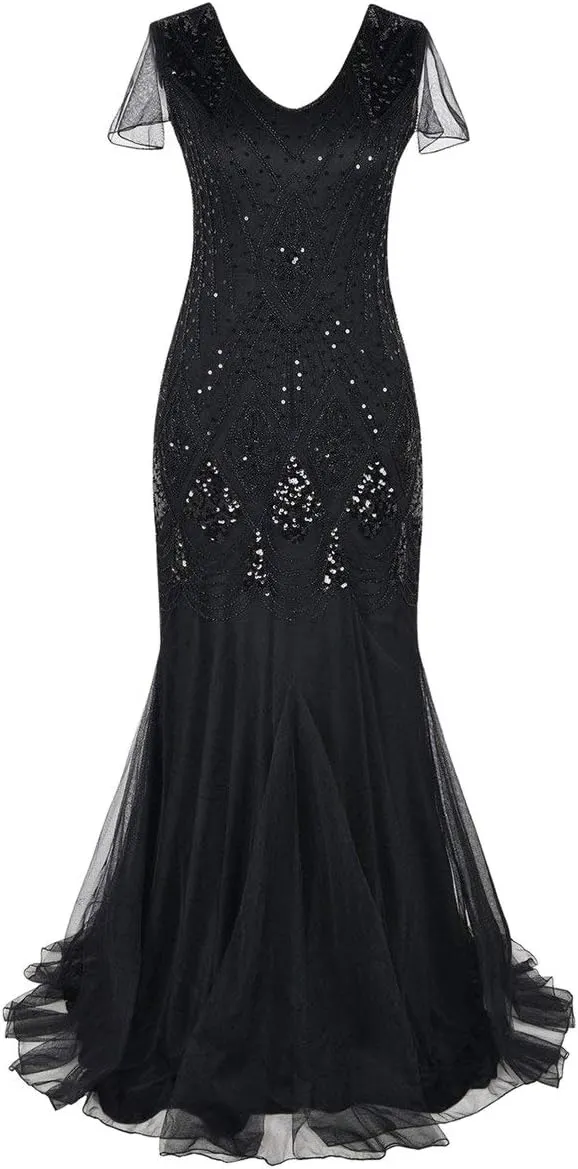 Women's 1920s Flapper Dress Vintage Great Gatsby Party Sequin Maxi Evening Cocktail Dresses with 20s Accessories Set