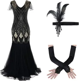 Women's 1920s Flapper Dress Vintage Great Gatsby Party Sequin Maxi Evening Cocktail Dresses with 20s Accessories Set