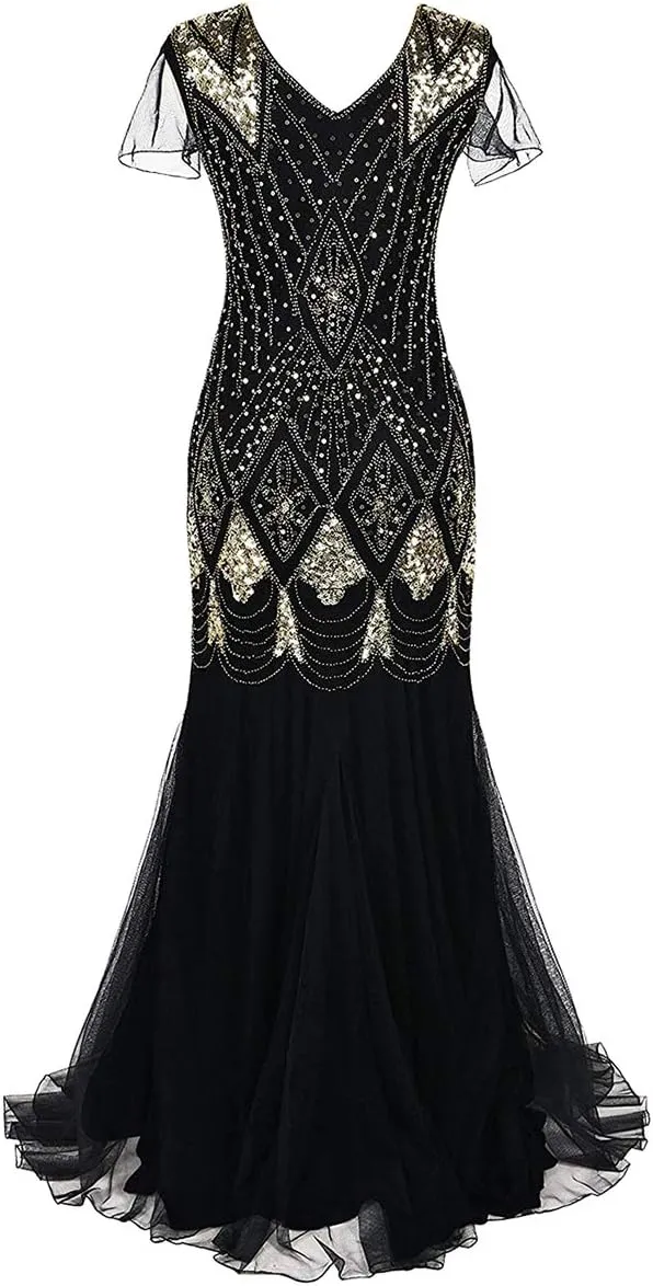 Women's 1920s Flapper Dress Vintage Great Gatsby Party Sequin Maxi Evening Cocktail Dresses with 20s Accessories Set