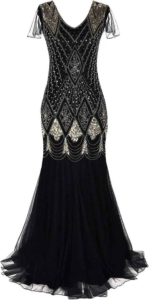 Women's 1920s Flapper Dress Vintage Great Gatsby Party Sequin Maxi Evening Cocktail Dresses with 20s Accessories Set