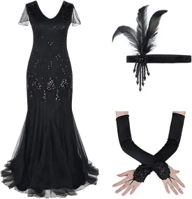 Women's 1920s Flapper Dress Vintage Great Gatsby Party Sequin Maxi Evening Cocktail Dresses with 20s Accessories Set