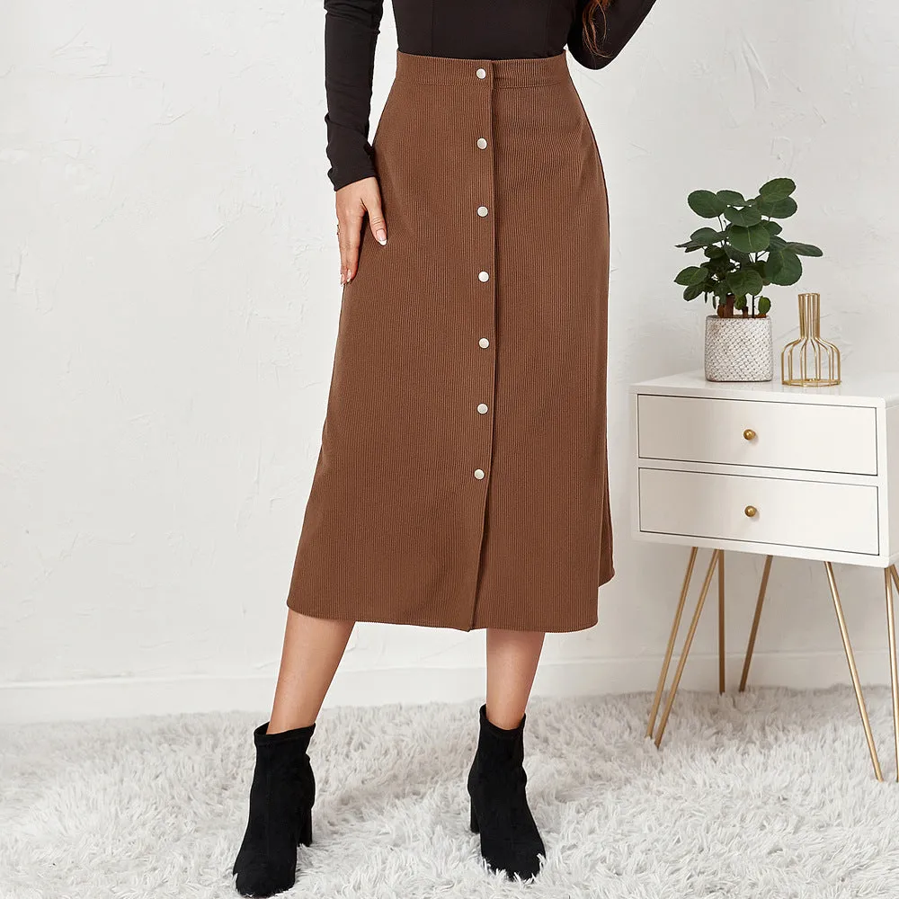 Women's Corduroy Temperament Commute Single-breasted High Waist Long Skirt