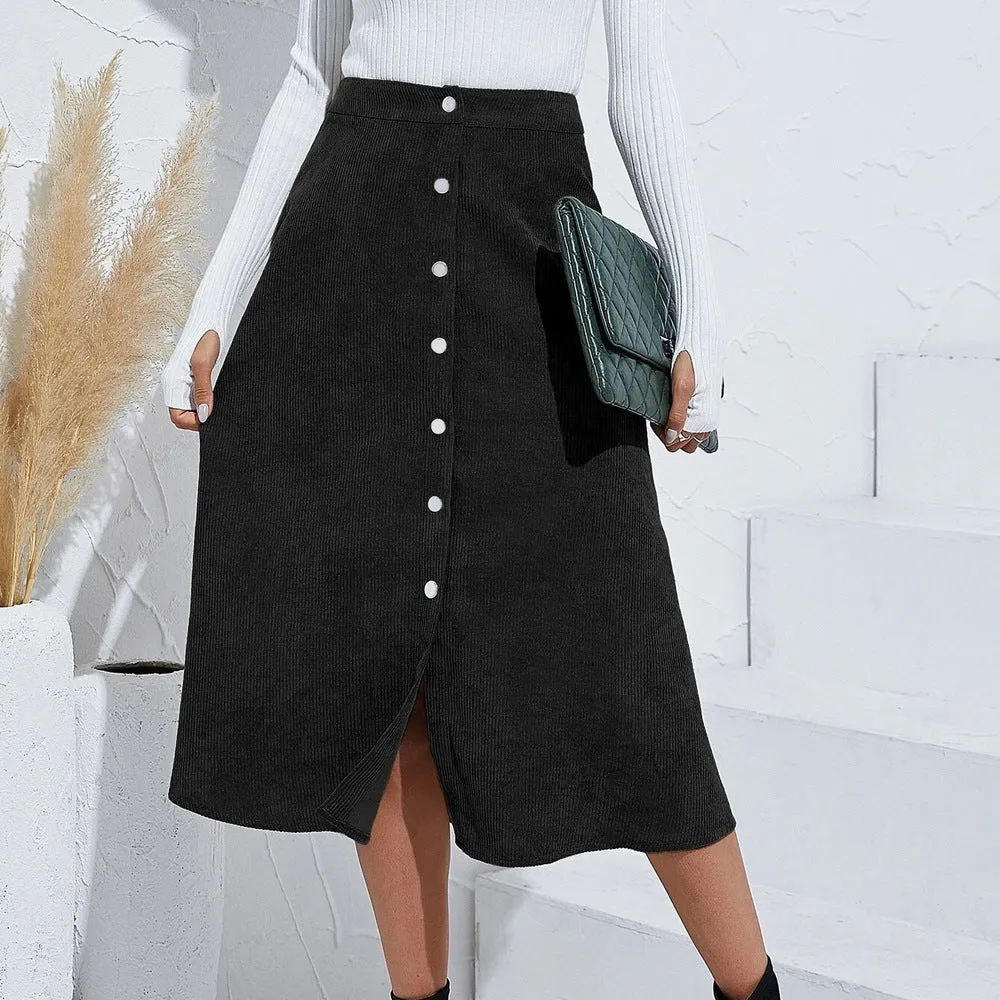 Women's Corduroy Temperament Commute Single-breasted High Waist Long Skirt