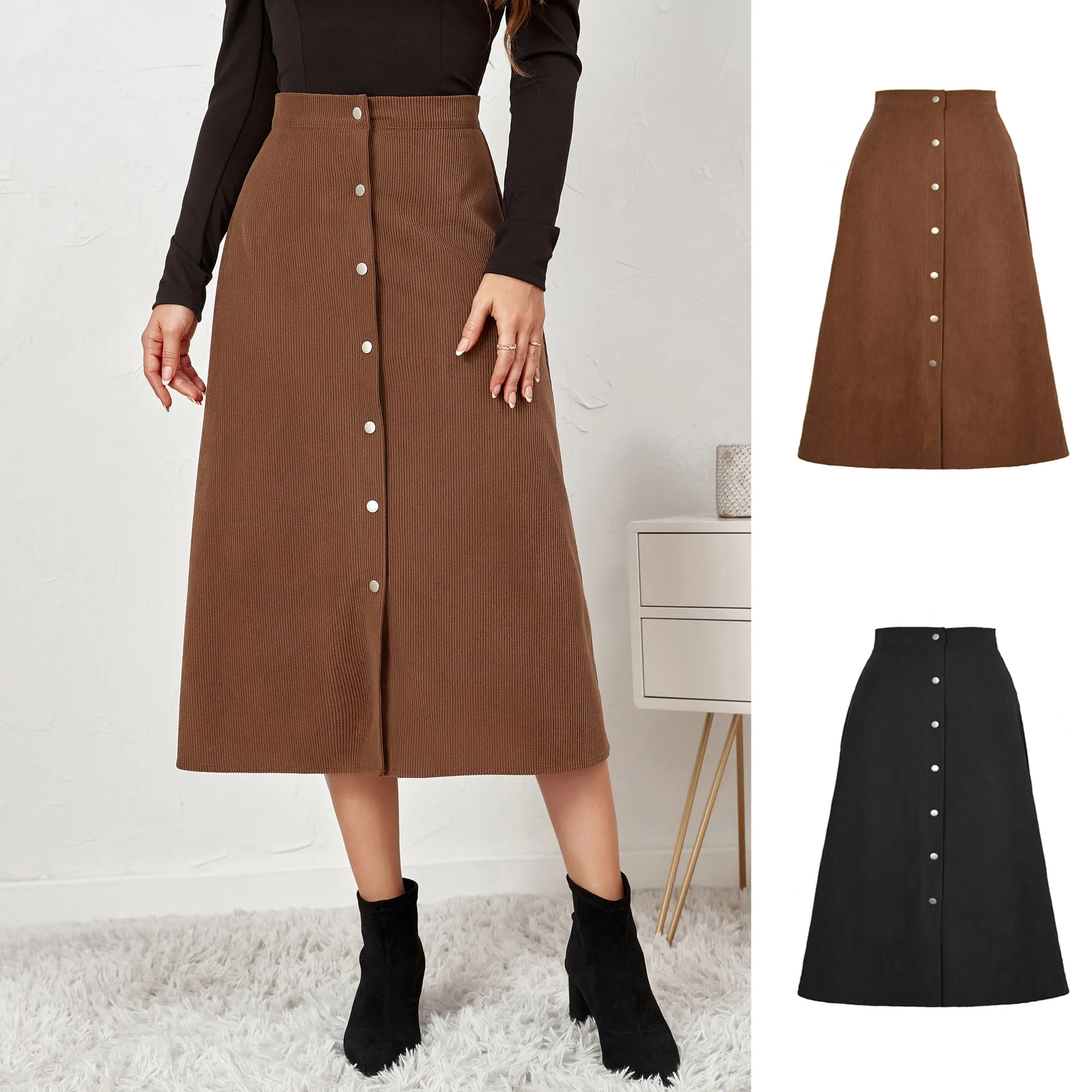 Women's Corduroy Temperament Commute Single-breasted High Waist Long Skirt