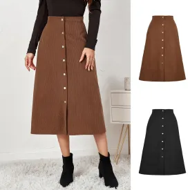 Women's Corduroy Temperament Commute Single-breasted High Waist Long Skirt
