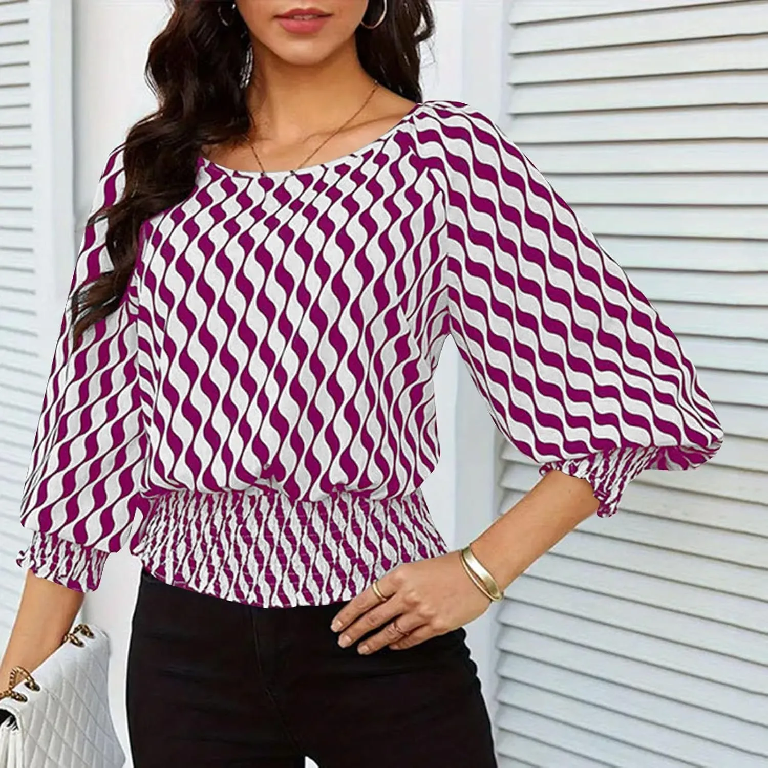 Womens Puff Sleeve Shirts Trendy 3/4 Sleeve Shirts Loose Fit Work Blouses Dressy Casual Elastic Waist Babydoll Tops