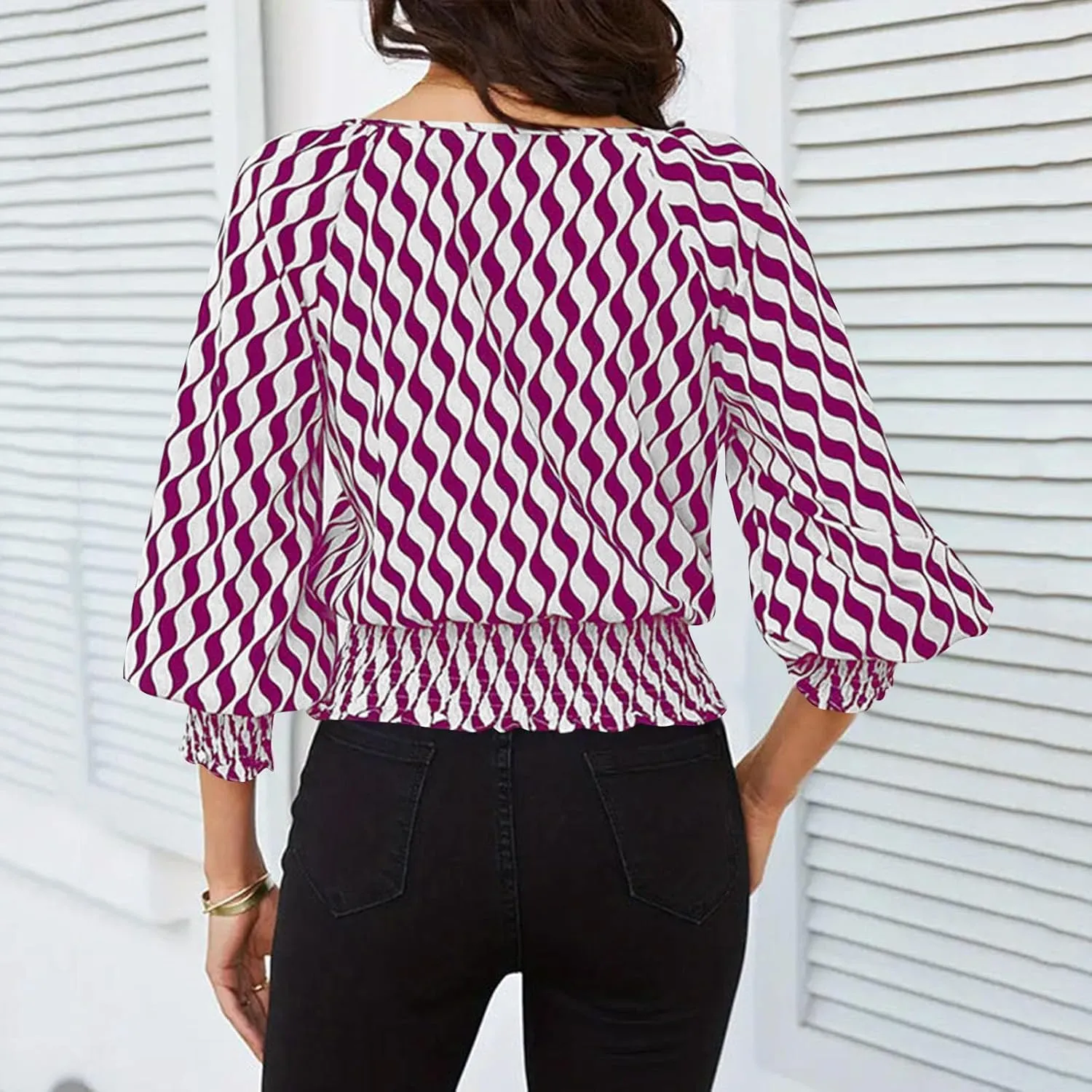 Womens Puff Sleeve Shirts Trendy 3/4 Sleeve Shirts Loose Fit Work Blouses Dressy Casual Elastic Waist Babydoll Tops