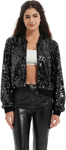 Women's Sequin Jacket Long Sleeve OpenZipper Fahion Shiny Glitter Sparkly Bomber Jackets