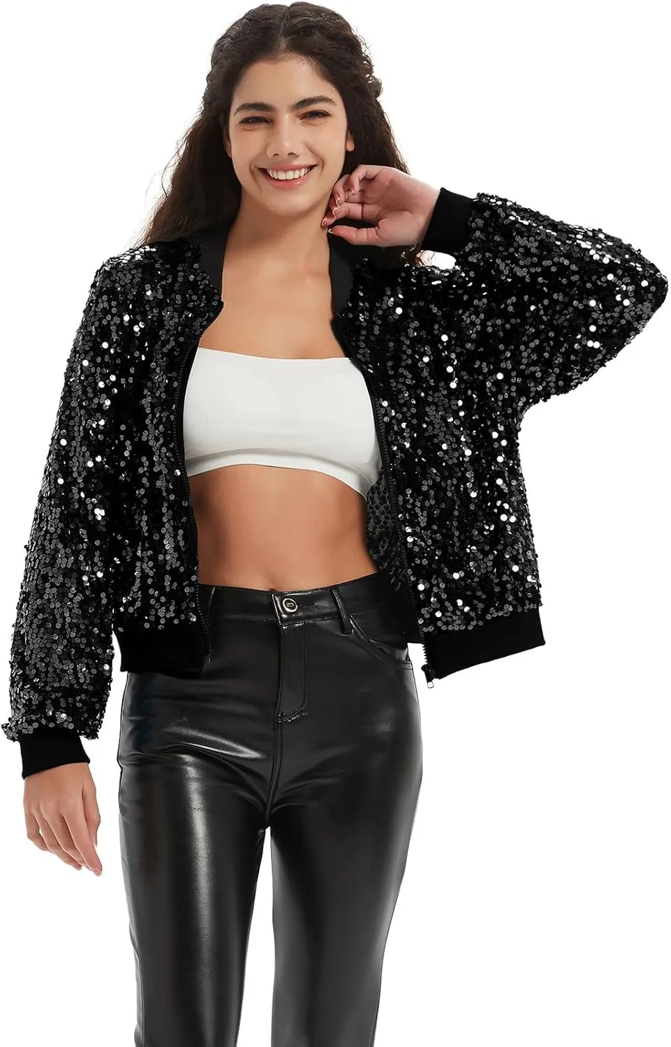Women's Sequin Jacket Long Sleeve OpenZipper Fahion Shiny Glitter Sparkly Bomber Jackets