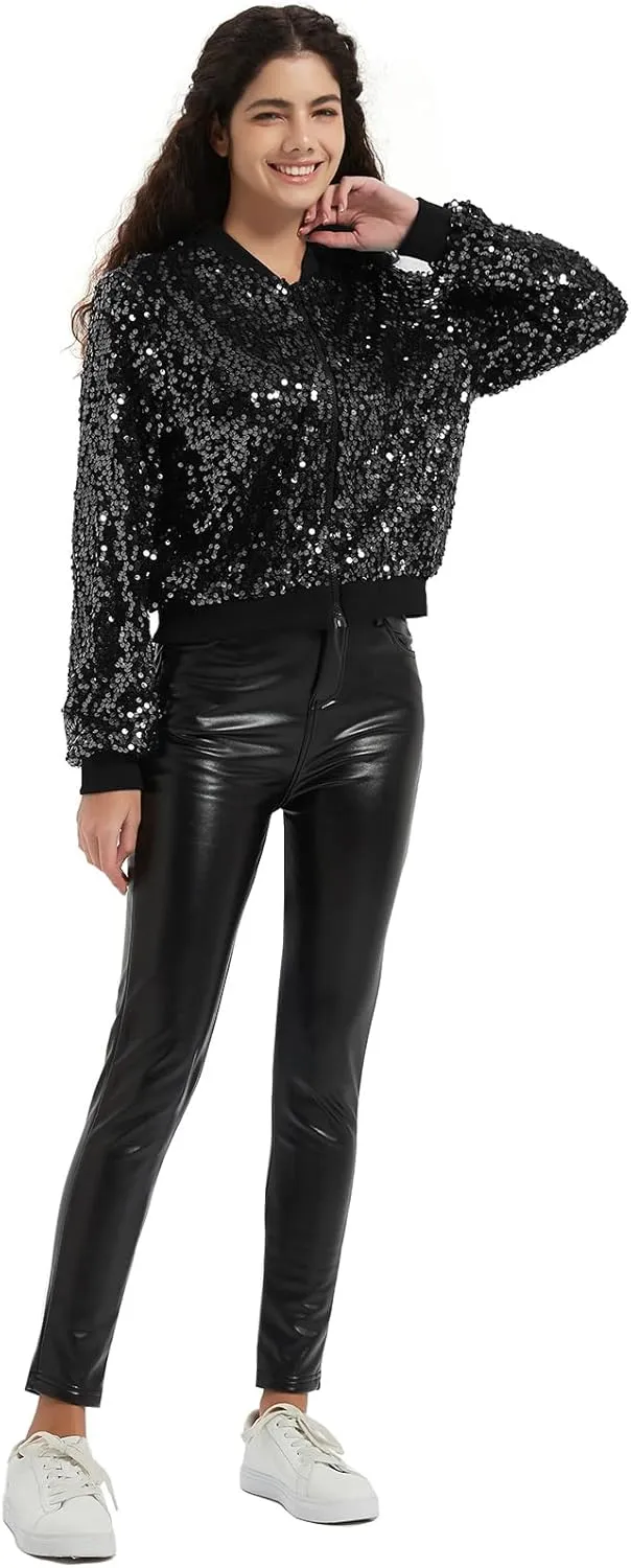 Women's Sequin Jacket Long Sleeve OpenZipper Fahion Shiny Glitter Sparkly Bomber Jackets