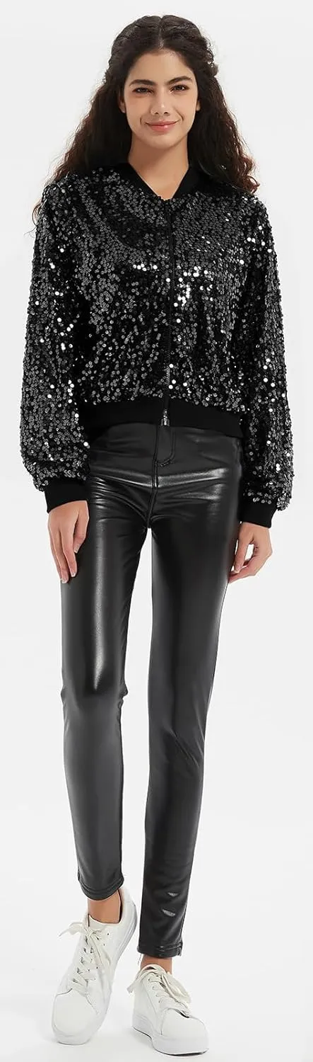 Women's Sequin Jacket Long Sleeve OpenZipper Fahion Shiny Glitter Sparkly Bomber Jackets