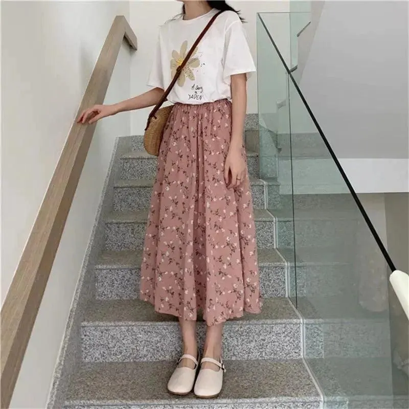 Women's Slim A-Line Skirt | Broken Flowers Print | High-Waist Mid-Length for Spring & Summer | Korean Style
