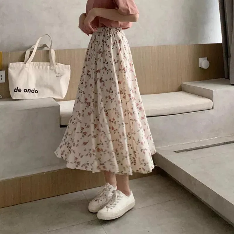 Women's Slim A-Line Skirt | Broken Flowers Print | High-Waist Mid-Length for Spring & Summer | Korean Style