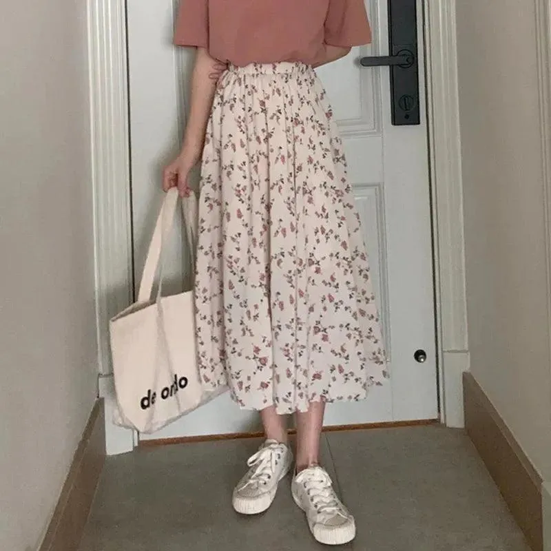 Women's Slim A-Line Skirt | Broken Flowers Print | High-Waist Mid-Length for Spring & Summer | Korean Style