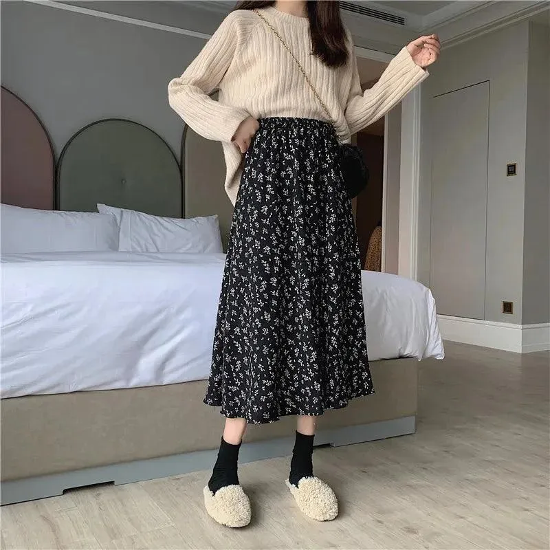Women's Slim A-Line Skirt | Broken Flowers Print | High-Waist Mid-Length for Spring & Summer | Korean Style